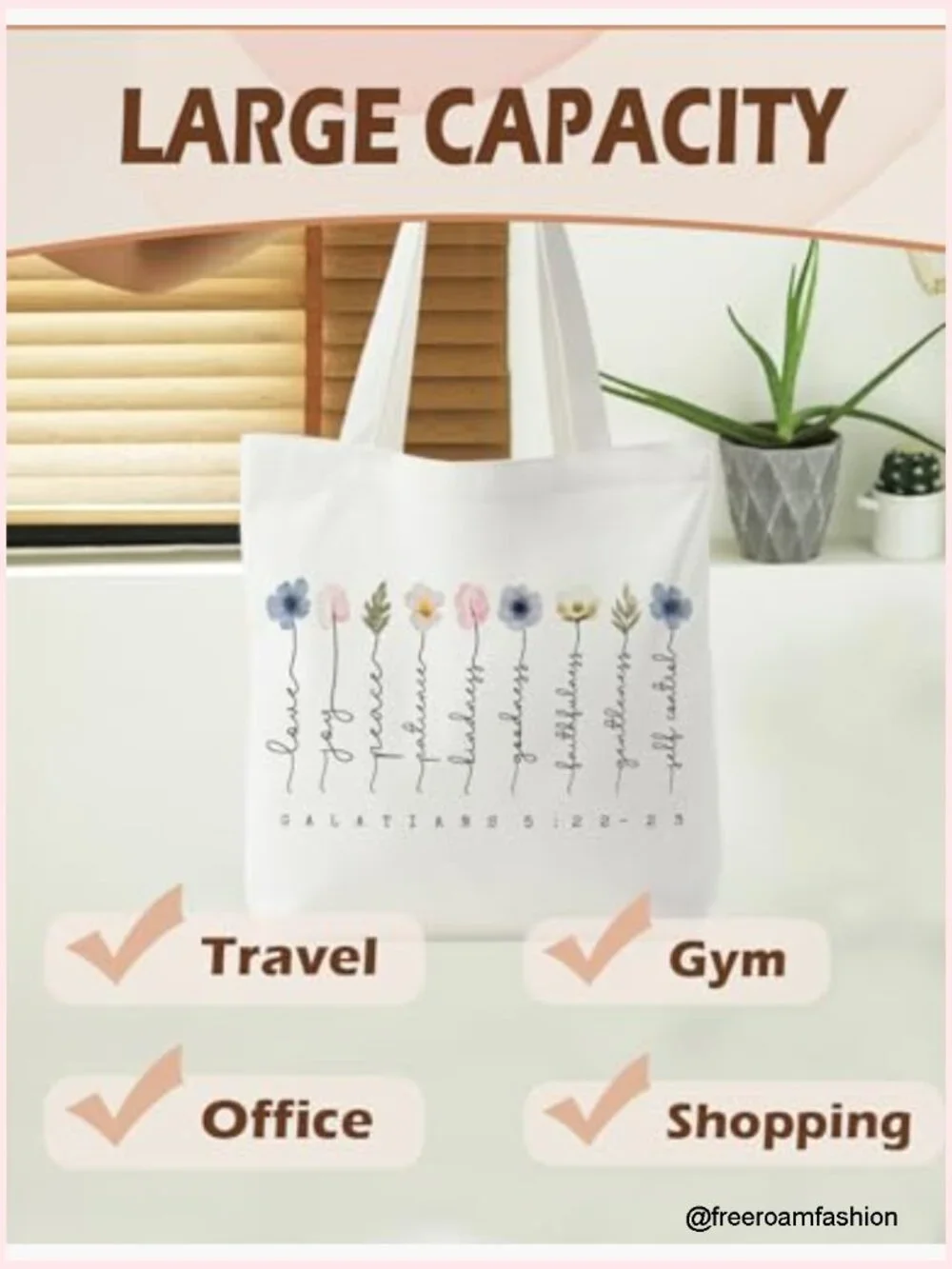Canvas Tote Bag with Inner Pocket, Reusable Grocery Shopping Bag